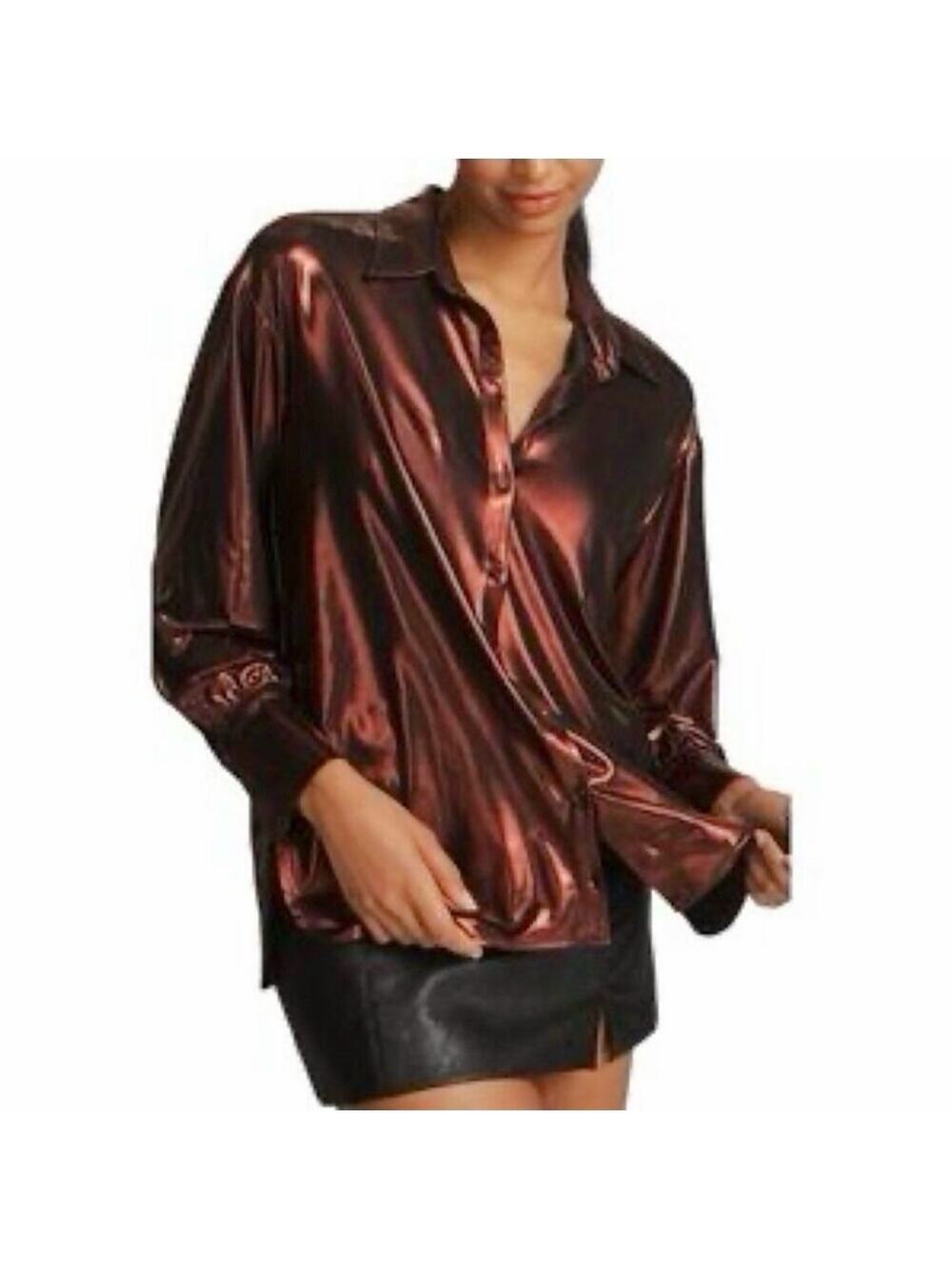 Anthropologie Shine Button-Down Blouse Women's Medium Red Mahogany Modern NEW